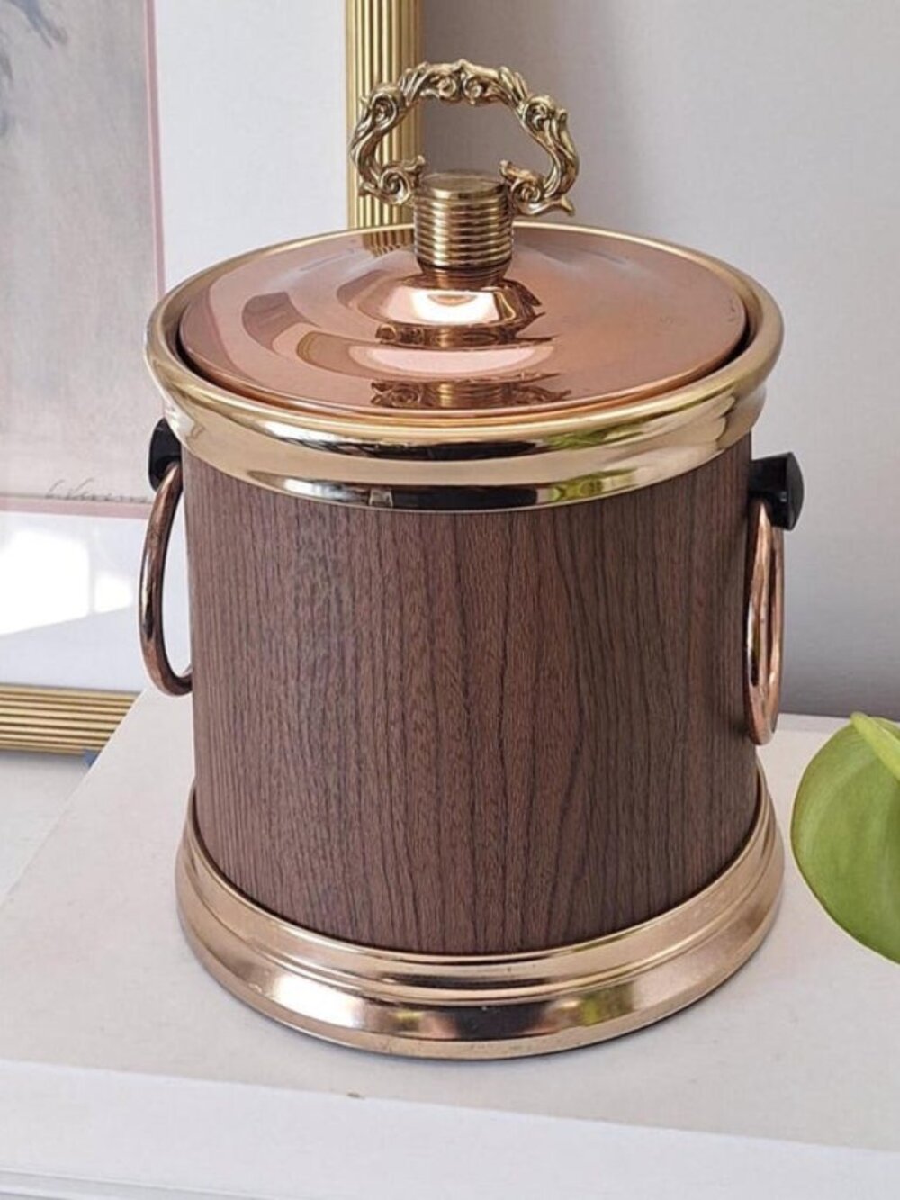 Vintage copper brass Ice Bucket Faux wood Barware ornate